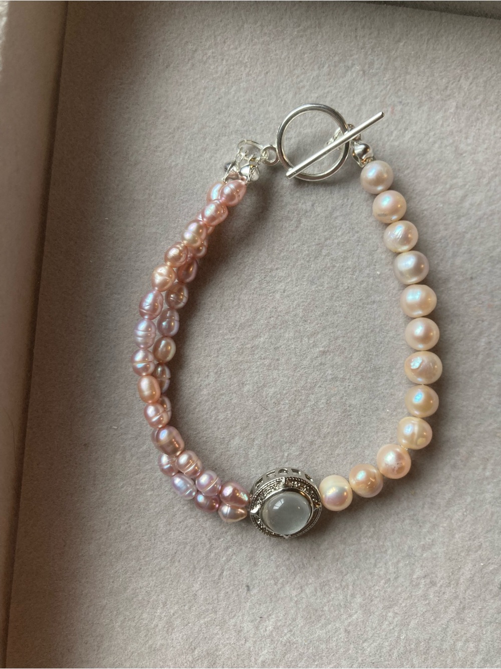 Pearl Two-Tone Pink and Cream Pearl Bracelet with Silver Toggle